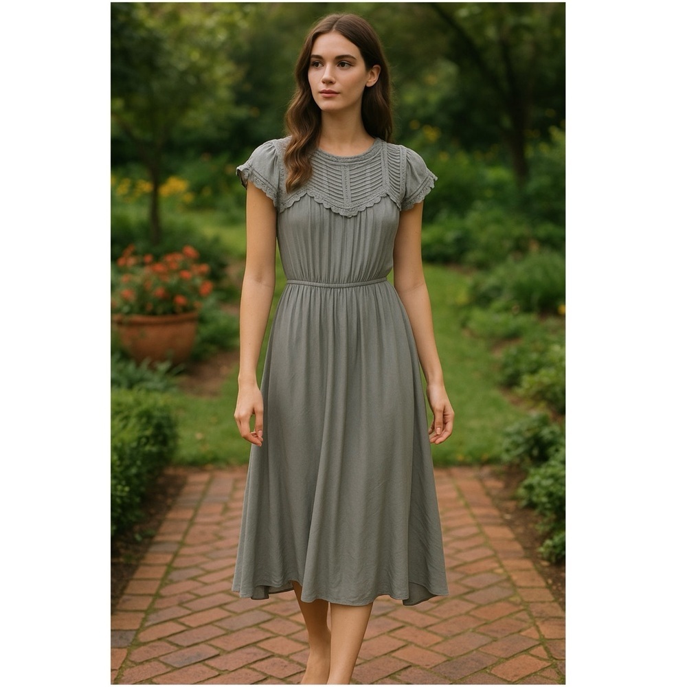 THE GREAT Silk Ruffle Lace‎ Trim Pintuck Pleat Victorian Cap Sleeve Midi Dress L